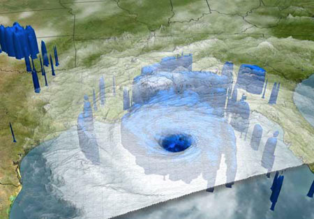 Ливневые зоны под ураганом "Катрина" в воскресенье 28 августа по спутниковым данным с TRMM и GOES. Изображение NASA/JAXA с сайта New Scientist