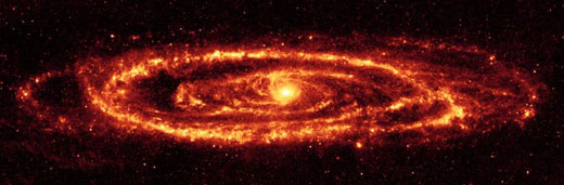 Туманность Андромеды. Псевдоцветная мозаика, составленная из 11 тысяч снимков "Спитцера", работающего в инфракрасном диапазоне. Фото NASA/JPL-Caltech/K. Gordon, University of Arizona с сайта www.jpl.nasa.gov