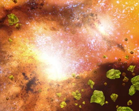 Так художник представляет себе мелкие зеленоватые кристаллы в активных ядрах сталкивающихся галактик. Изображение NASA/JPL-Caltech с сайта www.jpl.nasa.gov