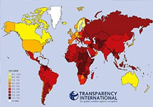 Карта мира с указанием уровня коррупции стран. Иллюстрация с сайта Transparency International