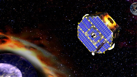 Так художник представляет себе полет IBEX (исследователя границ Солнечной системы). Изображение: NASA GSFC с сайта www.nasa.gov/mission_pages/ibex/IBEXQandA.html