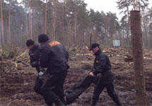 Чоповцы тащат защитницу Цаговского леса. Съемка "Жуковских вестей"