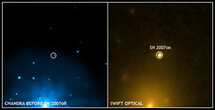 Место вспышки сверхновой SN 2007on. X-ray: NASA/CXC/MPE/R. Voss et al.; Optical: NASA/Swift. Изображение с сайта chandra.harvard.edu
