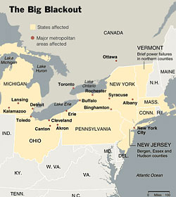 Карта отключений электроэнергии на северо-востоке США и юге Канады. С сайта www.nytimes.com